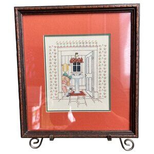 Framed Embroidery Little Girl on Toilet Double Mat Elegant & Humorous 11.25" T